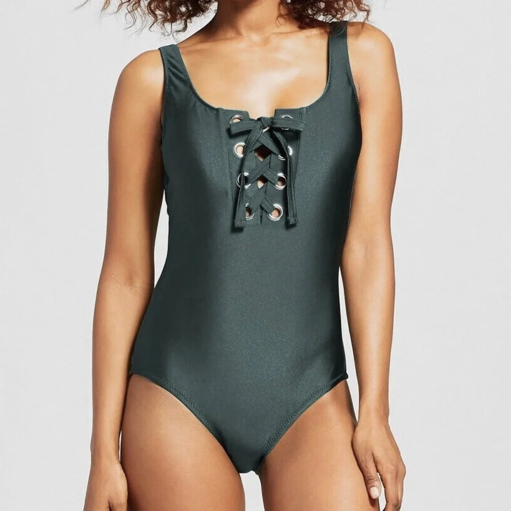 Mossimo Womens Green Grommet Lace Up One Piece Swimsuit Size Small